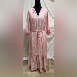Pink Embroidered Tie-Waist Maxi Dress